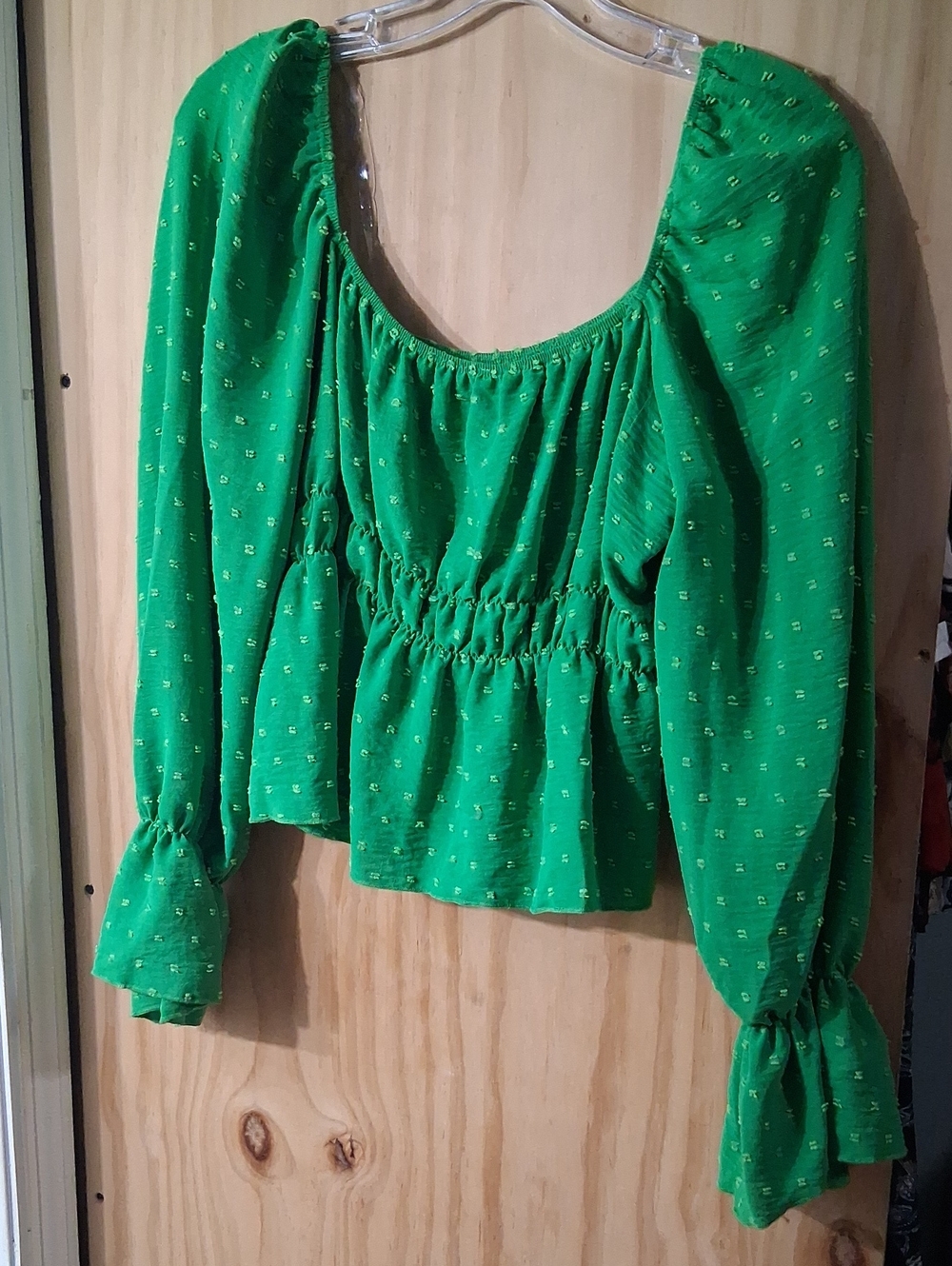 Free Kisses Bright Green Peasant Top with Ruched Waist
